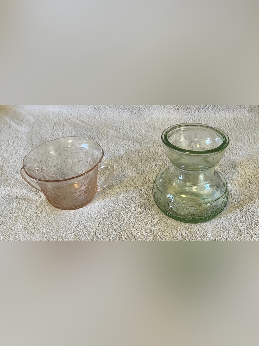 Vintage Green Glass Vase & Watermelon Pink Dessert Cup Set